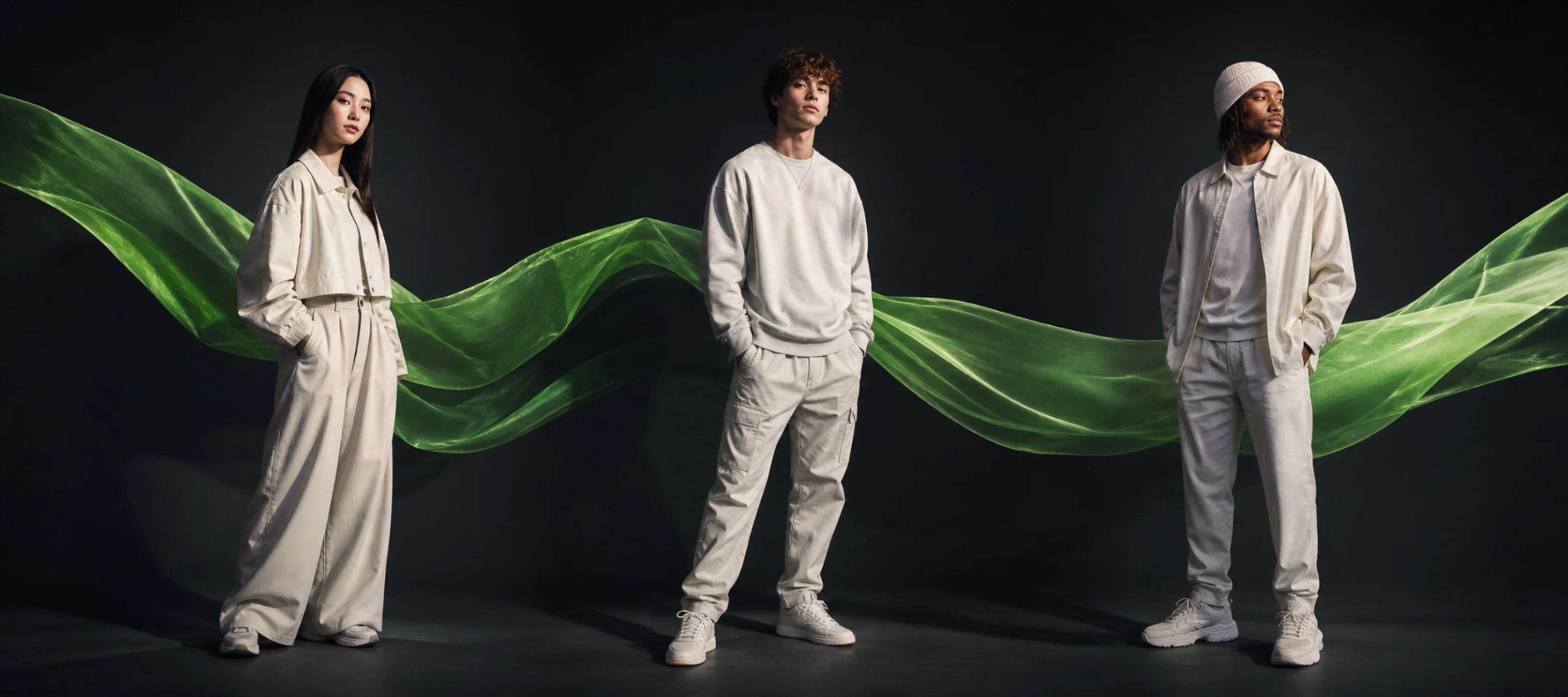 Three creators connected by a green ribbon in a wide TikTok banner sample